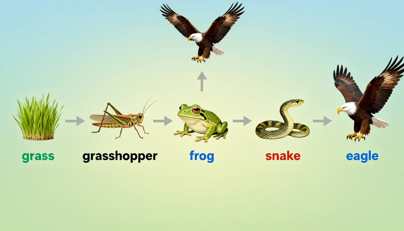 Food chain in forest, grassland, and pond ecosystems