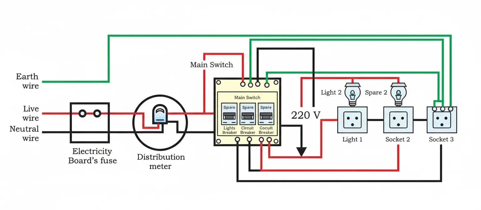 Schematic diagram of a typical domestic electric circuit